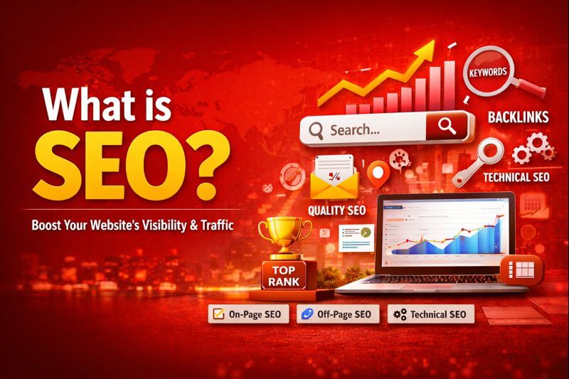 Red background SEO banner showing search engine optimization concepts like keywords, backlinks, technical SEO, ranking growth chart, and website performance analytics.